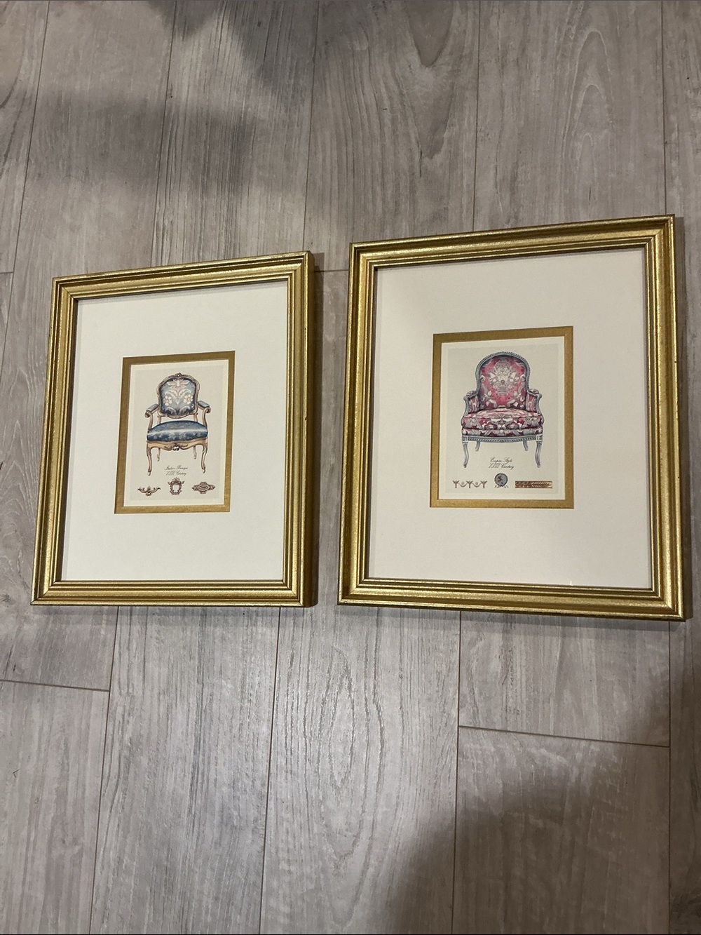 Vintage Rare prints Gold Framed Pink and Blue Chair Wall Art - set of 2
